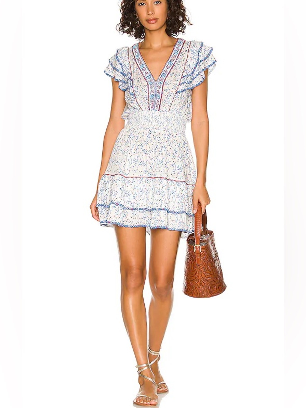 Poupette St Barth Camila V-Neck Ruffled Gauze Mini Dress Blue Cerise Sz M